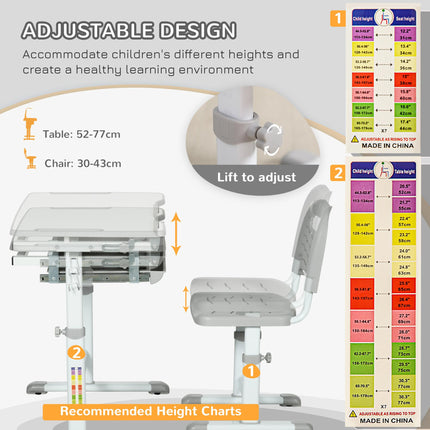 Height Adjustable Kids Desk and Chair Set with Tiltable Desktop - Grey