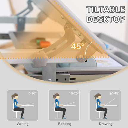 Height Adjustable Kids Desk and Chair Set with Tiltable Desktop - Grey