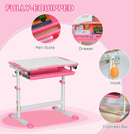 Adjustable Kids Desk and Chair Set with Storage Drawer - Pink