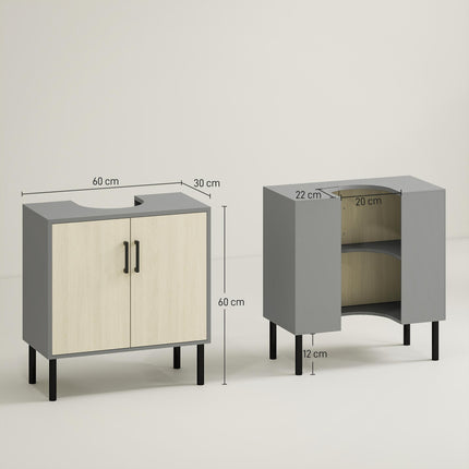 Under Sink Bathroom Vanity Cabinet with Double Doors and Shelves 60x30x61cm - Natural