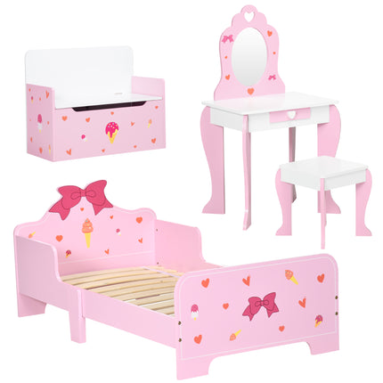 4PC Kids Bedroom Furniture Set with Bed, Toy Box Bench, Dressing Table & Stool, Princess Theme - Pink