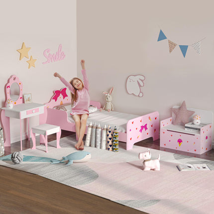 4PC Kids Bedroom Furniture Set with Bed, Toy Box Bench, Dressing Table & Stool, Princess Theme - Pink
