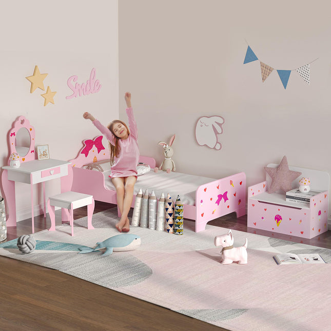 4PC Kids Bedroom Furniture Set with Bed, Toy Box Bench, Dressing Table & Stool, Princess Theme - Pink
