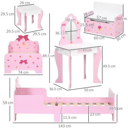 4PC Kids Bedroom Furniture Set with Bed, Toy Box Bench, Dressing Table & Stool, Princess Theme - Pink