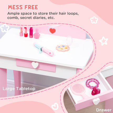 4PC Kids Bedroom Furniture Set with Bed, Toy Box Bench, Dressing Table & Stool, Princess Theme - Pink
