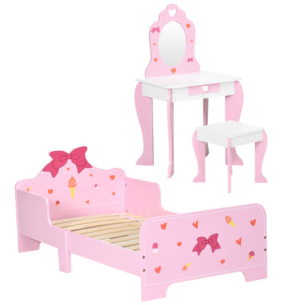 3PC Kids Bedroom Furniture Set with Bed, Dressing Table & Stool, Princess Theme - Pink