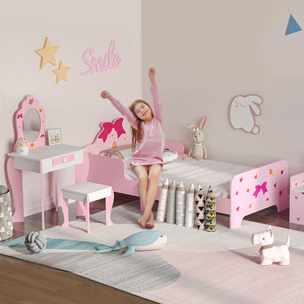 3PC Kids Bedroom Furniture Set with Bed, Dressing Table & Stool, Princess Theme - Pink