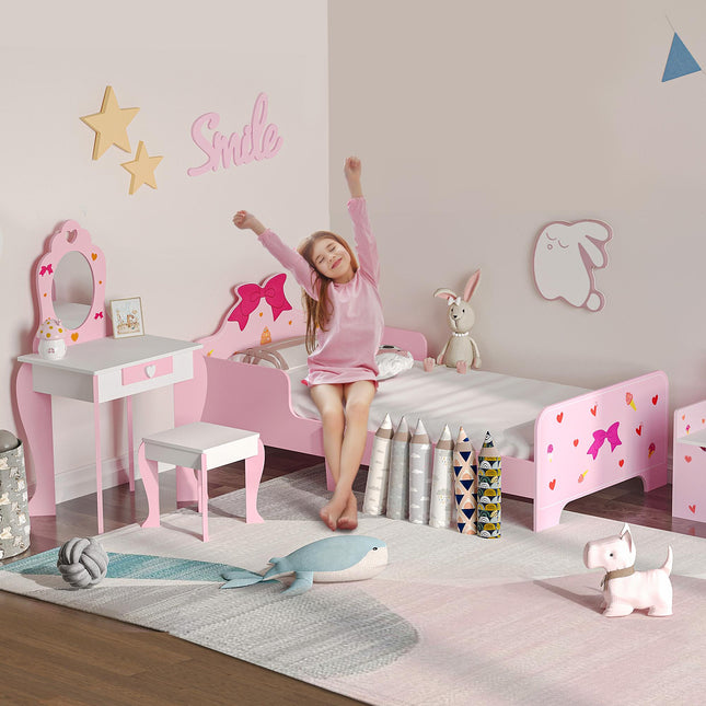 3PC Kids Bedroom Furniture Set with Bed, Dressing Table & Stool, Princess Theme - Pink
