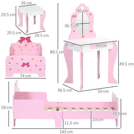 3PC Kids Bedroom Furniture Set with Bed, Dressing Table & Stool, Princess Theme - Pink