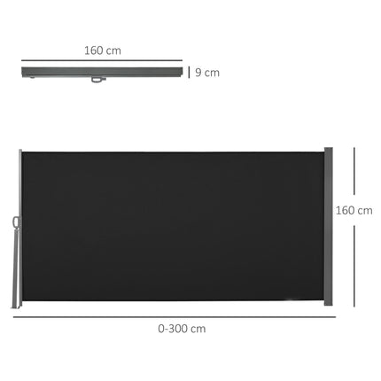 Retractable Side Awning Privacy Screen with UV Protection 300x160cm - Black