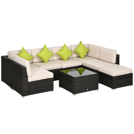 7-Seater PE Rattan Garden Wicker Corner Sofa Set with Cushions & Tempered Glass Table - Brown
