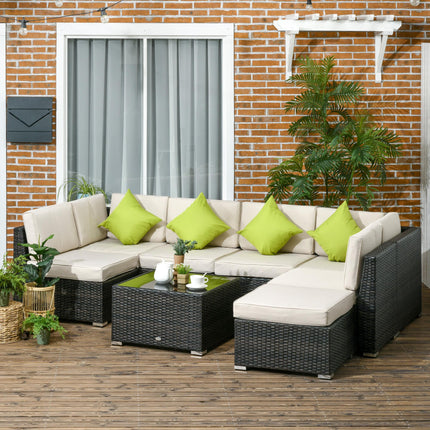 7-Seater PE Rattan Garden Wicker Corner Sofa Set with Cushions & Tempered Glass Table - Brown