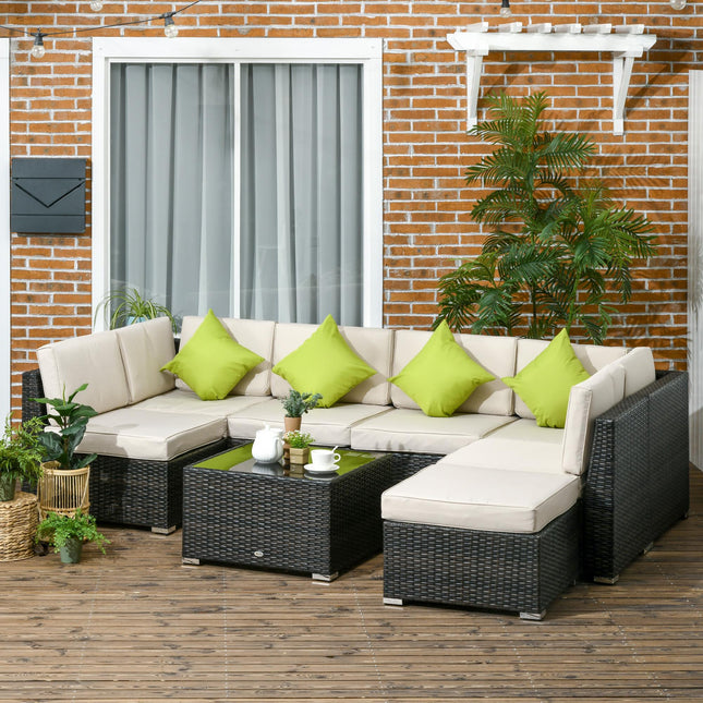 7-Seater PE Rattan Garden Wicker Corner Sofa Set with Cushions & Tempered Glass Table - Brown