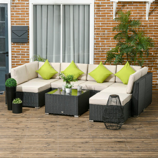8 Piece PE Rattan Outdoor Corner Sofa Set with Cushions and Coffee Table - Black