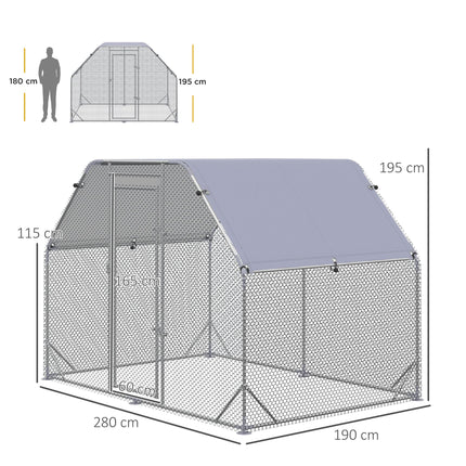 Walk-In Chicken Run with Roof for 4-6 Chickens, Hen House & Duck Pen 280x190x195 cm - Silver Grey