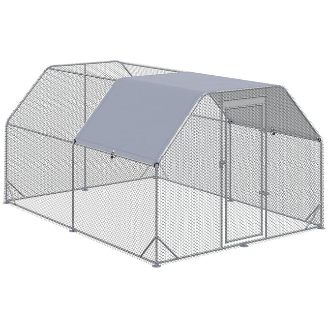 Walk-In Chicken Run with Roof for 10-12 Chickens, Outdoor Hen House & Duck Pen 380x280x195 cm - Silver Grey