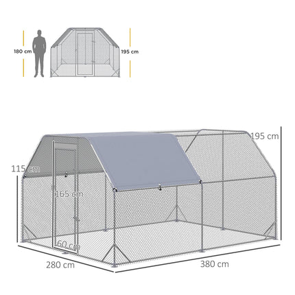 Walk-In Chicken Run with Roof for 10-12 Chickens, Outdoor Hen House & Duck Pen 380x280x195 cm - Silver Grey