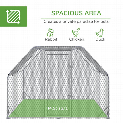 Walk-In Chicken Run with Roof for 10-12 Chickens, Outdoor Hen House & Duck Pen 380x280x195 cm - Silver Grey