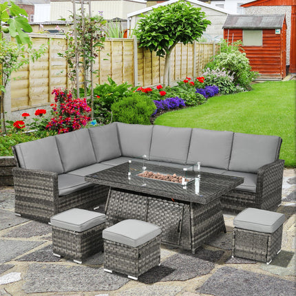 9 Piece PE Rattan Garden Furniture Set with 50,000 BTU Gas Fire Pit Table - Grey