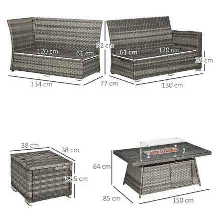 9 Piece PE Rattan Garden Furniture Set with 50,000 BTU Gas Fire Pit Table - Grey