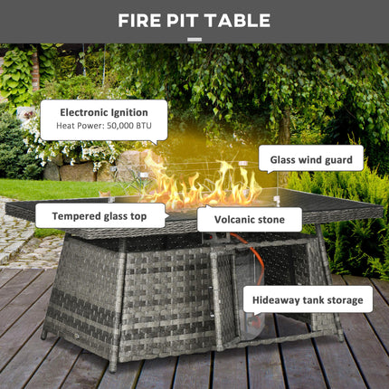 9 Piece PE Rattan Garden Furniture Set with 50,000 BTU Gas Fire Pit Table - Grey