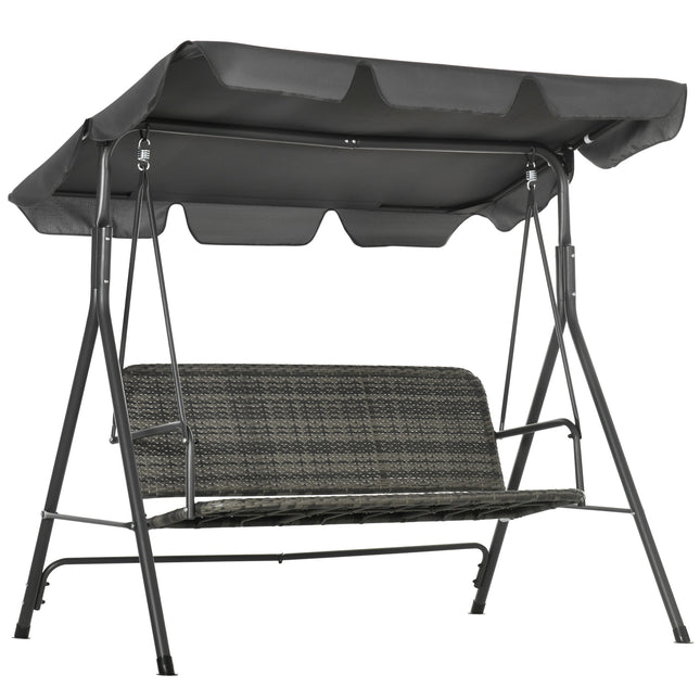 3-Person Outdoor PE Rattan Swing Chair with Steel Frame & Adjustable Canopy - Grey
