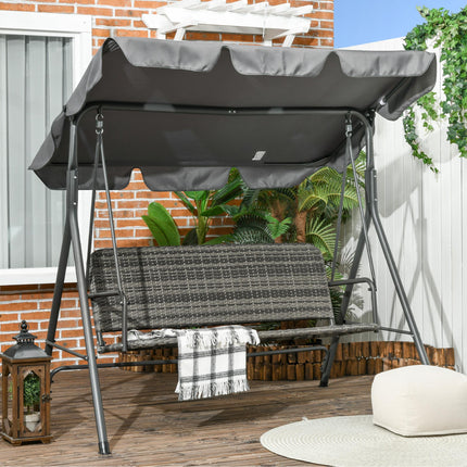 3-Person Outdoor PE Rattan Swing Chair with Steel Frame & Adjustable Canopy - Grey