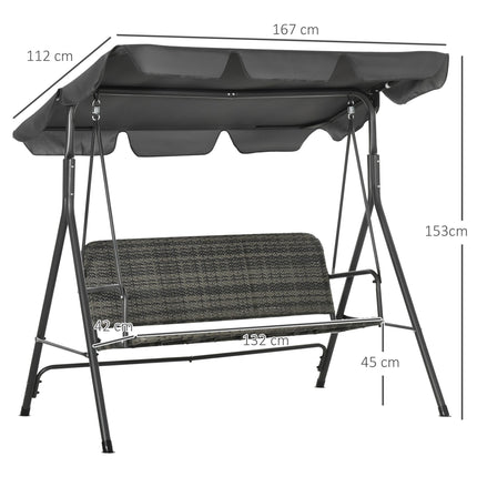 3-Person Outdoor PE Rattan Swing Chair with Steel Frame & Adjustable Canopy - Grey
