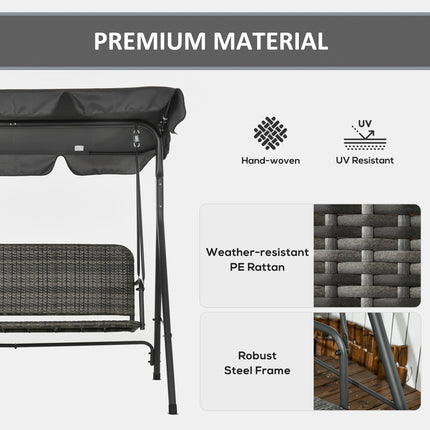 3-Person Outdoor PE Rattan Swing Chair with Steel Frame & Adjustable Canopy - Grey