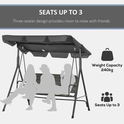 3-Person Outdoor PE Rattan Swing Chair with Steel Frame & Adjustable Canopy - Grey