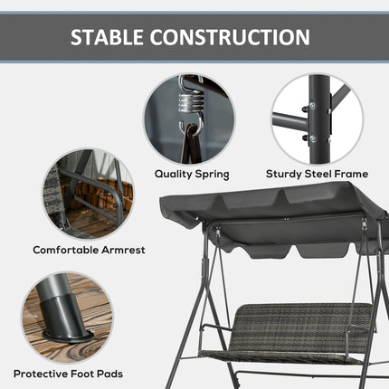 3-Person Outdoor PE Rattan Swing Chair with Steel Frame & Adjustable Canopy - Grey