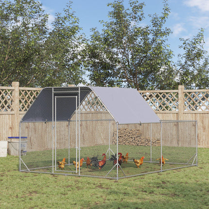 Walk-In Chicken Run with Roof for 10-12 Chickens, Outdoor Hen House & Duck Pen 2.8x3.8x2m - Silver Grey