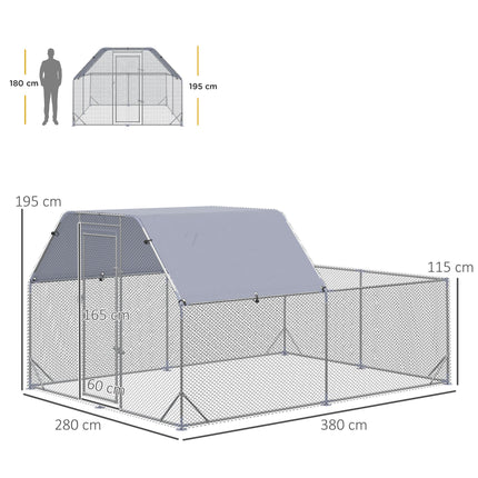 Walk-In Chicken Run with Roof for 10-12 Chickens, Outdoor Hen House & Duck Pen 2.8x3.8x2m - Silver Grey