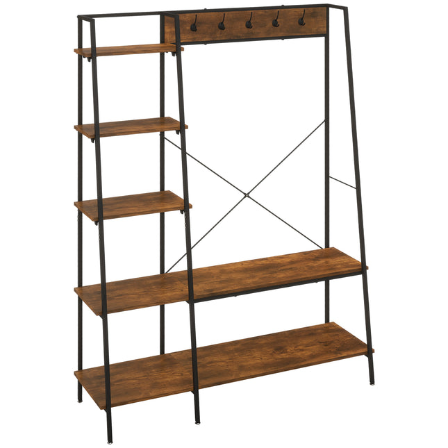 Free Standing Hall Tree with 2 Tier Shoe Rack, 5 Hooks & 5 Side Shelves, Industrial Steel Frame Hallway Unit - Brown