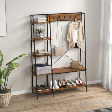 Free Standing Hall Tree with 2 Tier Shoe Rack, 5 Hooks & 5 Side Shelves, Industrial Steel Frame Hallway Unit - Brown