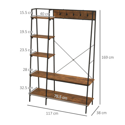 Free Standing Hall Tree with 2 Tier Shoe Rack, 5 Hooks & 5 Side Shelves, Industrial Steel Frame Hallway Unit - Brown