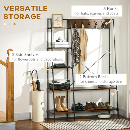 Free Standing Hall Tree with 2 Tier Shoe Rack, 5 Hooks & 5 Side Shelves, Industrial Steel Frame Hallway Unit - Brown