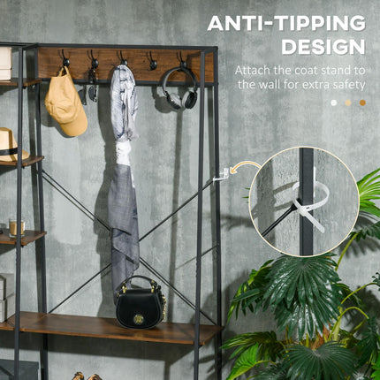 Free Standing Hall Tree with 2 Tier Shoe Rack, 5 Hooks & 5 Side Shelves, Industrial Steel Frame Hallway Unit - Brown