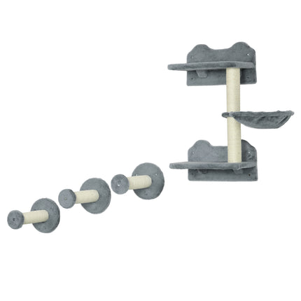 Four-Piece Wall-Mounted Cat Shelf with Scratching Post and Hammock for Indoor Cats - Grey