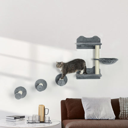 Four-Piece Wall-Mounted Cat Shelf with Scratching Post and Hammock for Indoor Cats - Grey