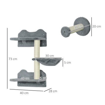 Four-Piece Wall-Mounted Cat Shelf with Scratching Post and Hammock for Indoor Cats - Grey