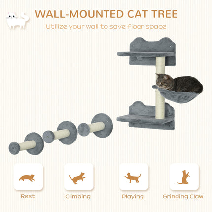 Four-Piece Wall-Mounted Cat Shelf with Scratching Post and Hammock for Indoor Cats - Grey