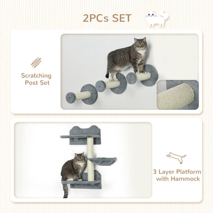 Four-Piece Wall-Mounted Cat Shelf with Scratching Post and Hammock for Indoor Cats - Grey
