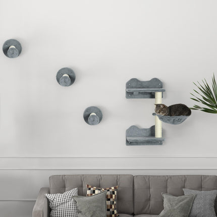 Four-Piece Wall-Mounted Cat Shelf with Scratching Post and Hammock for Indoor Cats - Grey
