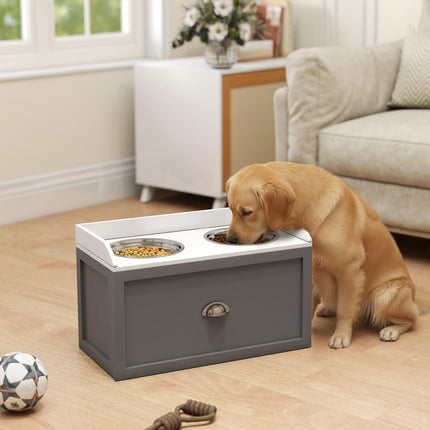 Raised Stainless Steel Dog Bowls with 21L Storage Drawer for Large Dogs - Grey
