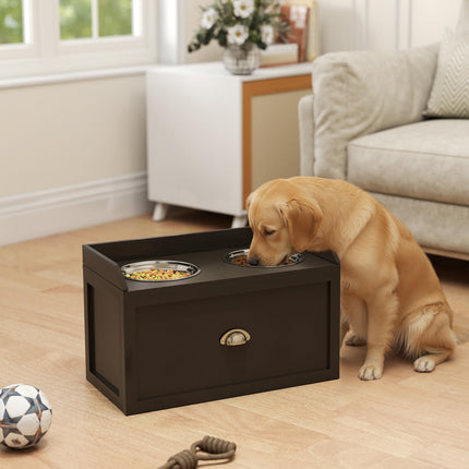 Raised Stainless Steel Dog Bowls with 21L Storage Drawer for Large Dogs - Brown