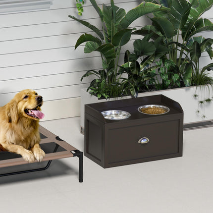Raised Stainless Steel Dog Bowls with 21L Storage Drawer for Large Dogs - Brown