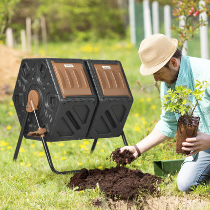 130L Double Chamber Compost Bin with 360° Tumbling - Black