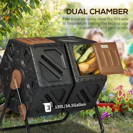130L Double Chamber Compost Bin with 360° Tumbling - Black