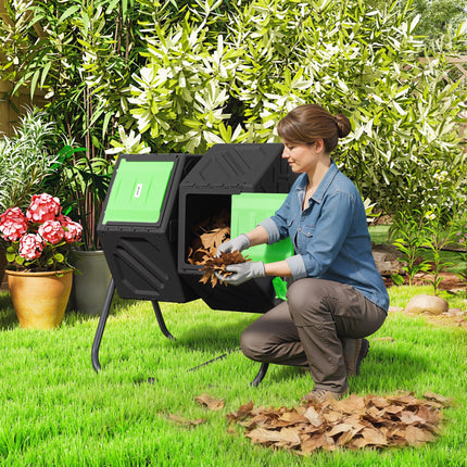 130L Dual Chamber Compost Bin with Rotating Design and Steel Legs - Green